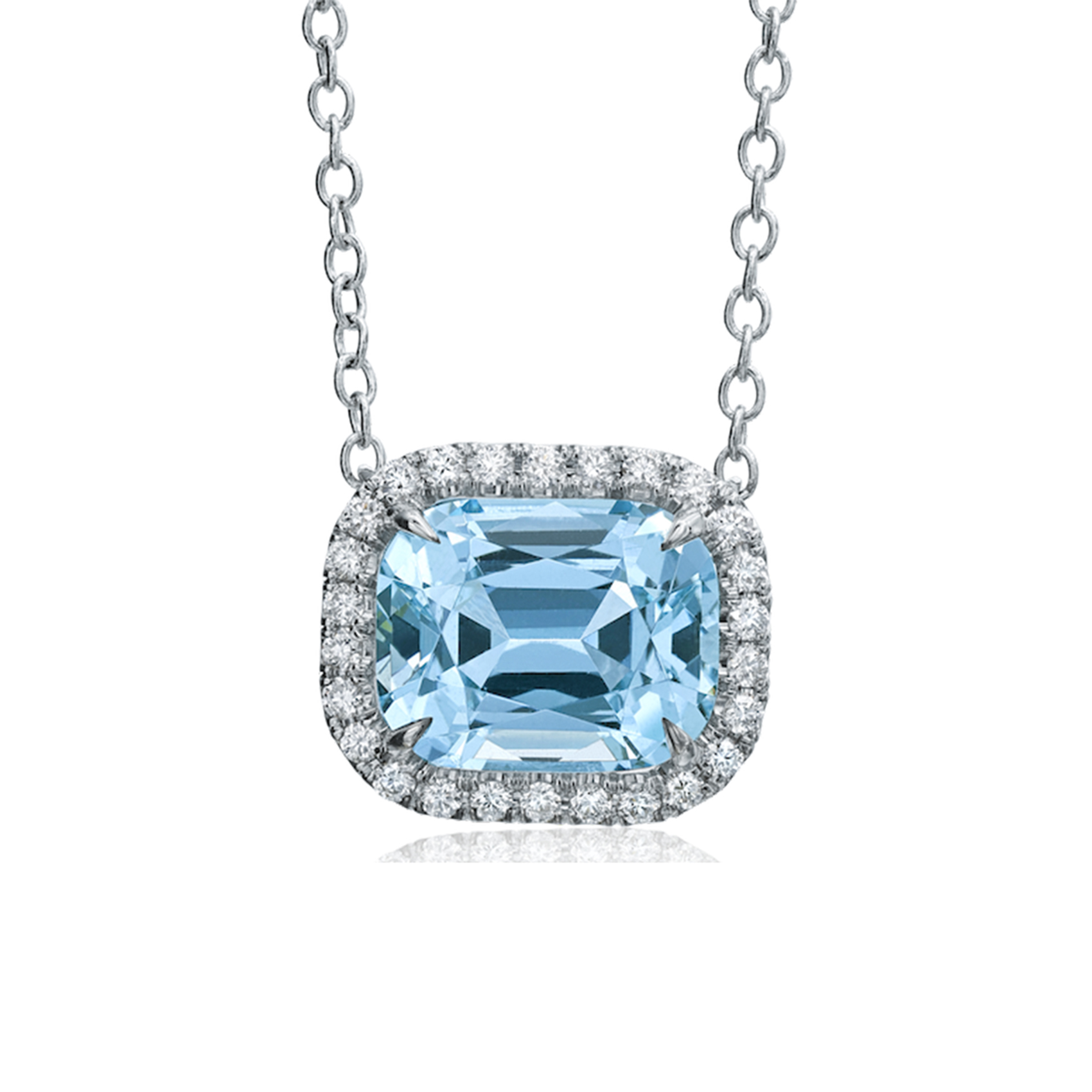 White Gold Aquamarine and Diamond Halo Pendant Necklace